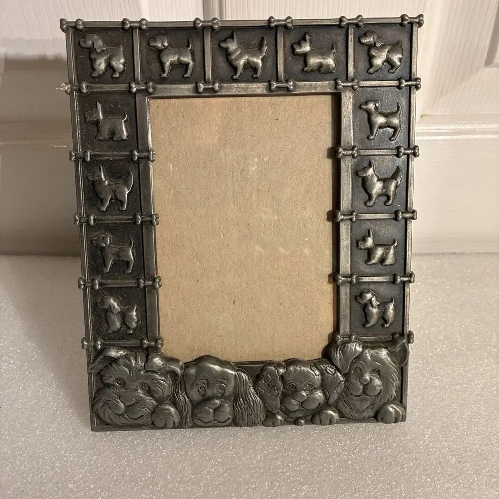 Pewter Picture Frame W/4 Dogs Faces & Trimmed W/ Dog Silhouette & Bones. 4”x6”